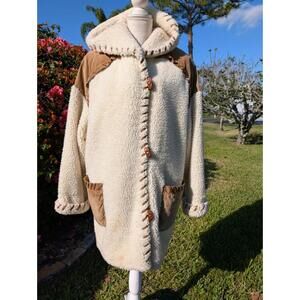 Perco by Marvin Richards Sherpa Coat Hooded Suede Trim Toggle Jacket M AS IS